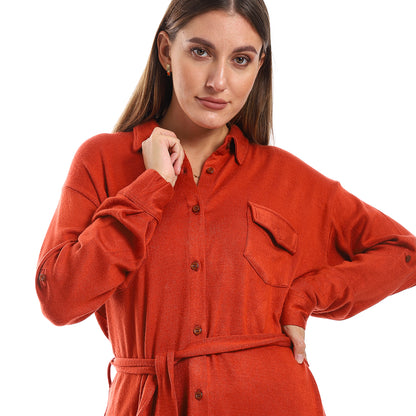 Long Sleeves Buttons Down Closure Belted Shirt