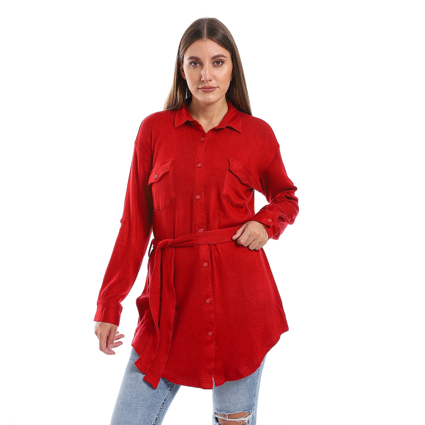 Long Sleeves Buttons Down Closure Belted Shirt