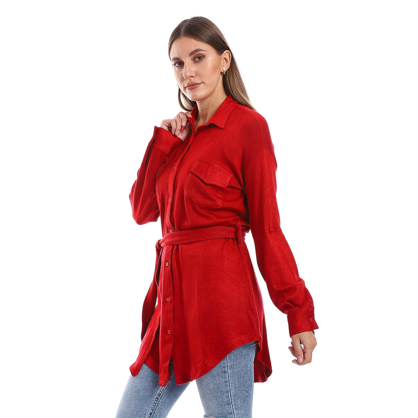 Long Sleeves Buttons Down Closure Belted Shirt