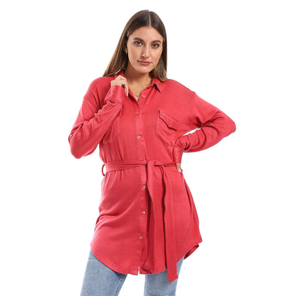 Long Sleeves Buttons Down Closure Belted Shirt
