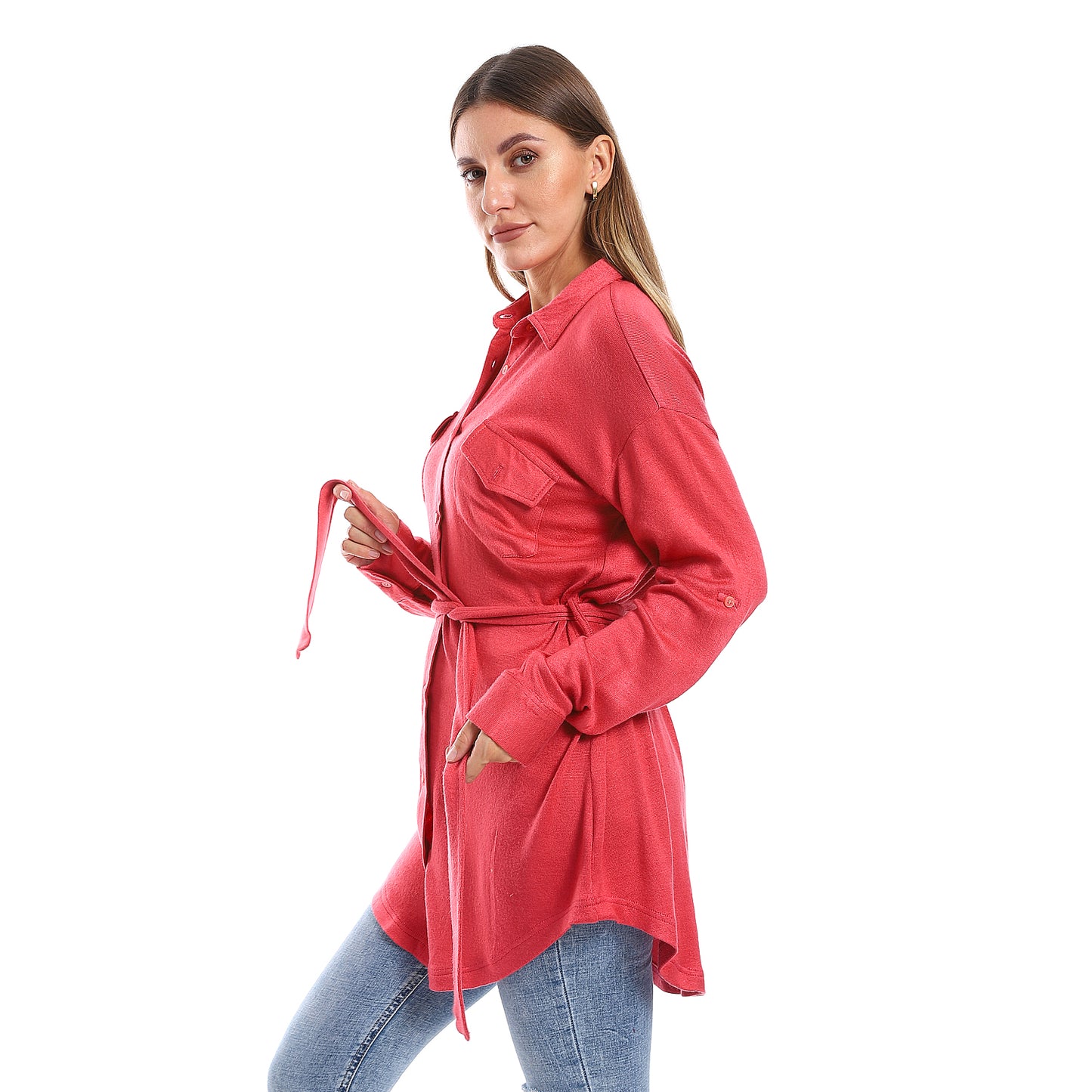 Long Sleeves Buttons Down Closure Belted Shirt