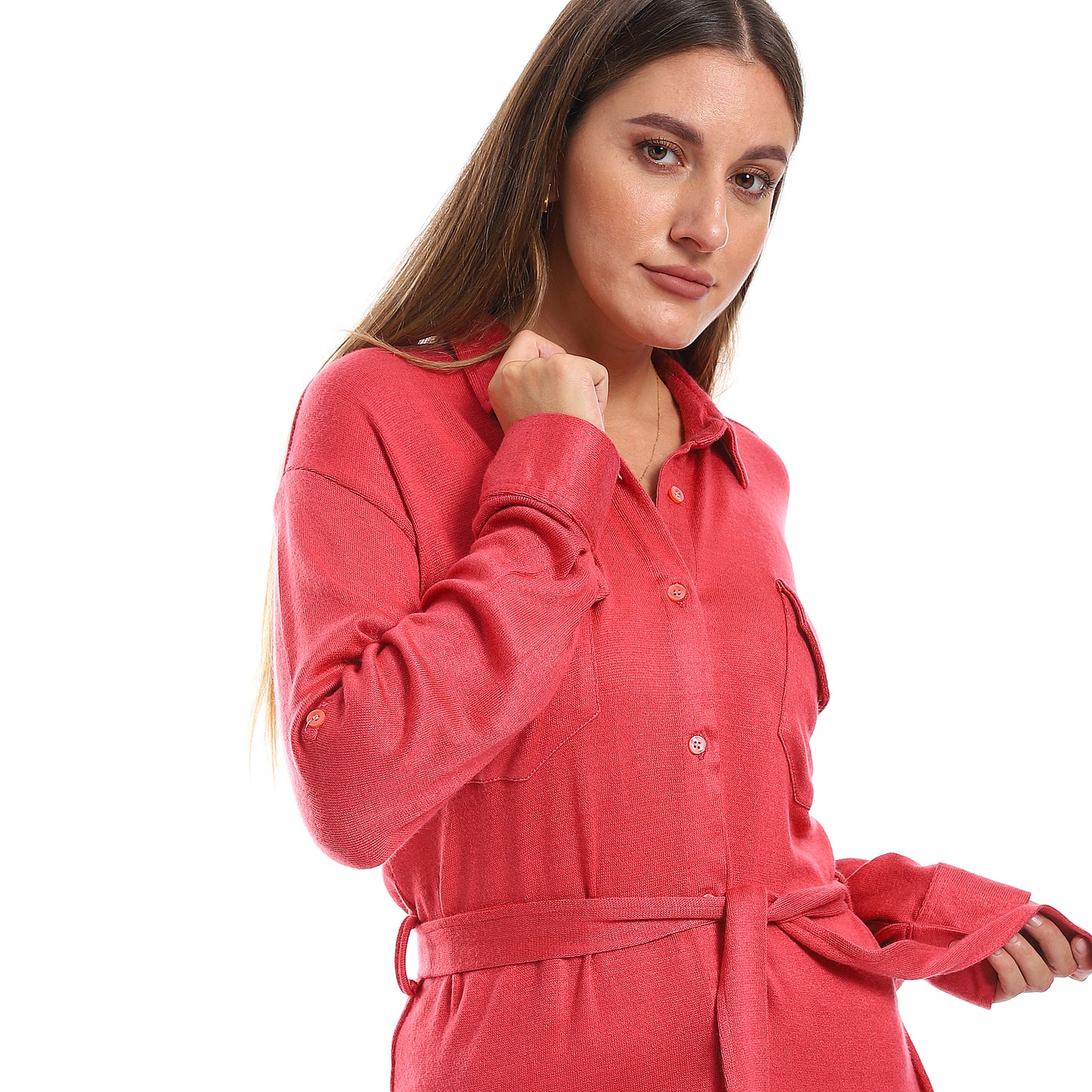 Long Sleeves Buttons Down Closure Belted Shirt