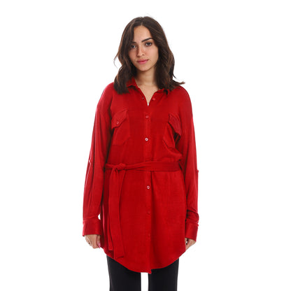 Long Sleeves Buttons Down Closure Belted Shirt