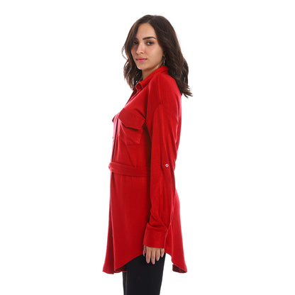 Long Sleeves Buttons Down Closure Belted Shirt